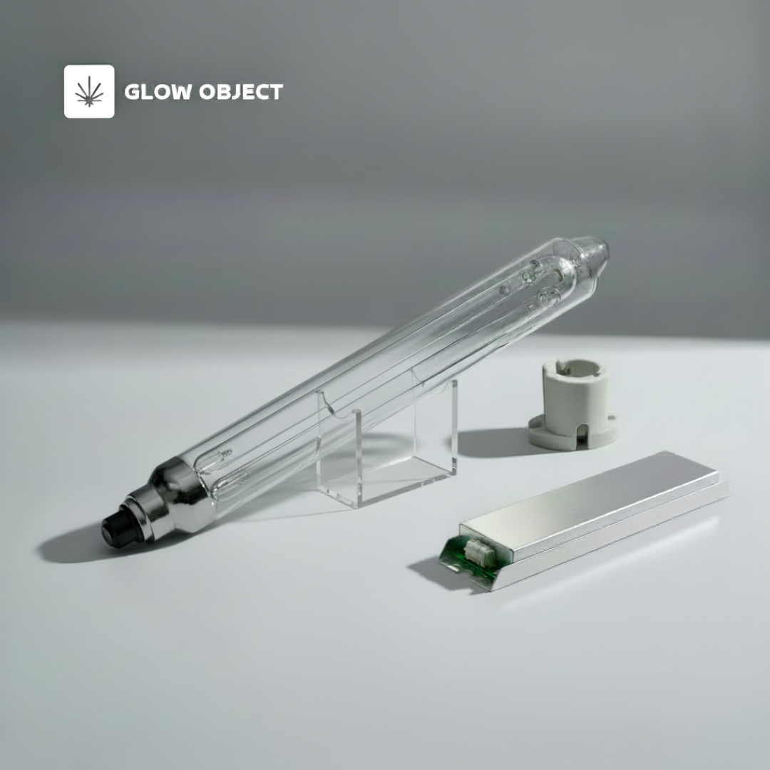 Clear grow light on a stand with 'Glow Object' branding on a gray background