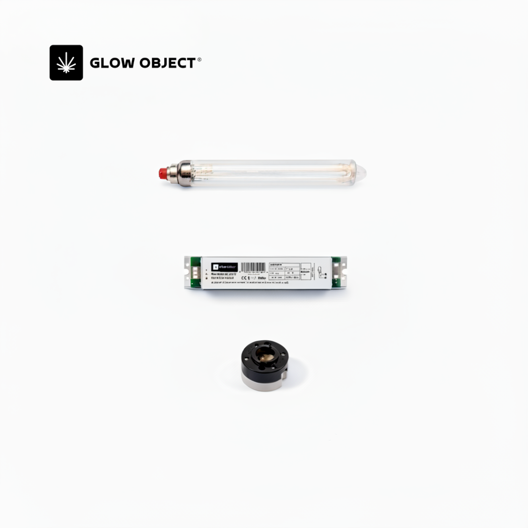 Glow Object SOX LPS complete bundle — Low Pressure Sodium lamp tube, 110-277V electronic ballast, and B22 bayonet ceramic socket, all components for amber dark-sky friendly street lighting
