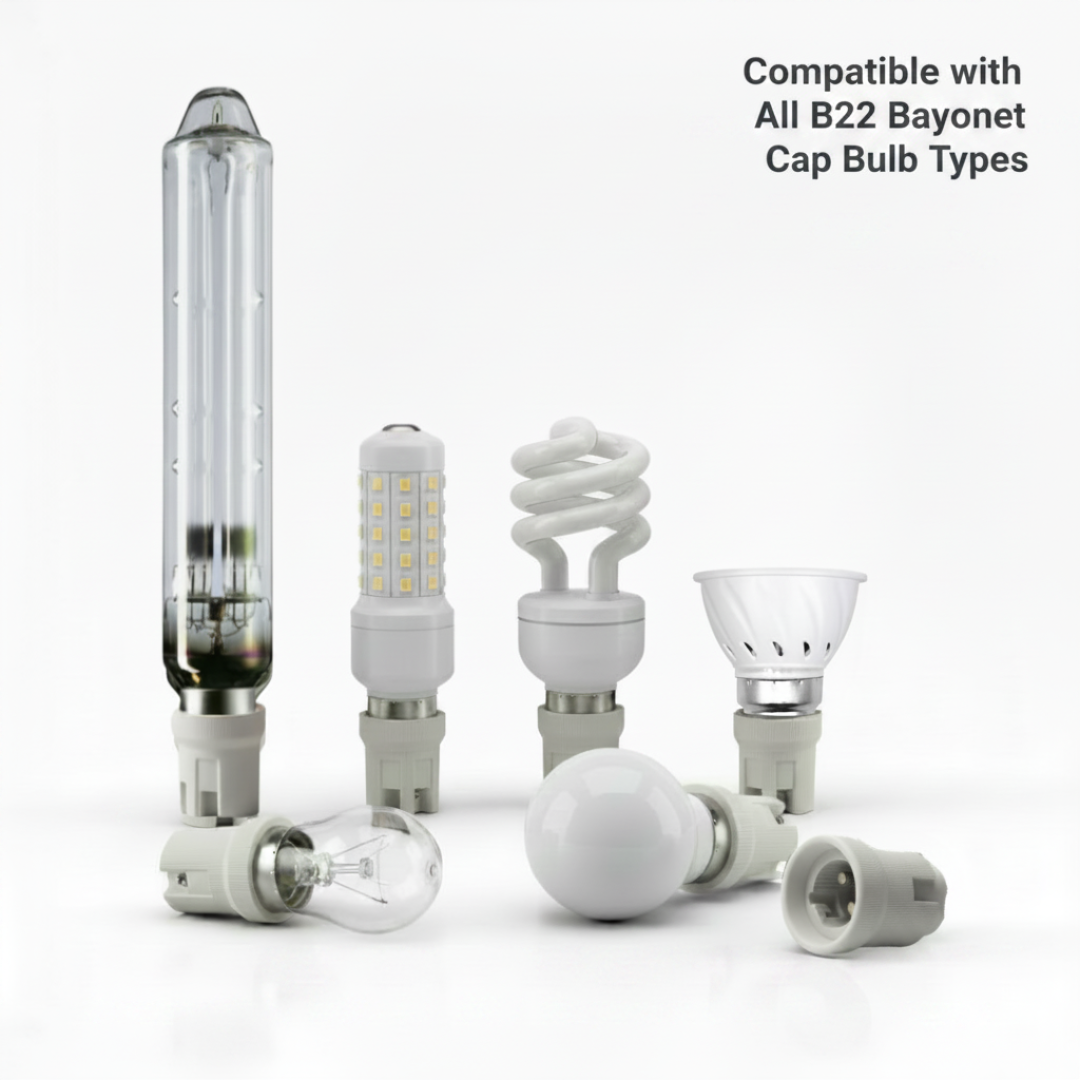 Collection of various light bulbs on a white background with text indicating Glow Object B22 BY22D ceramic socket compatibility.