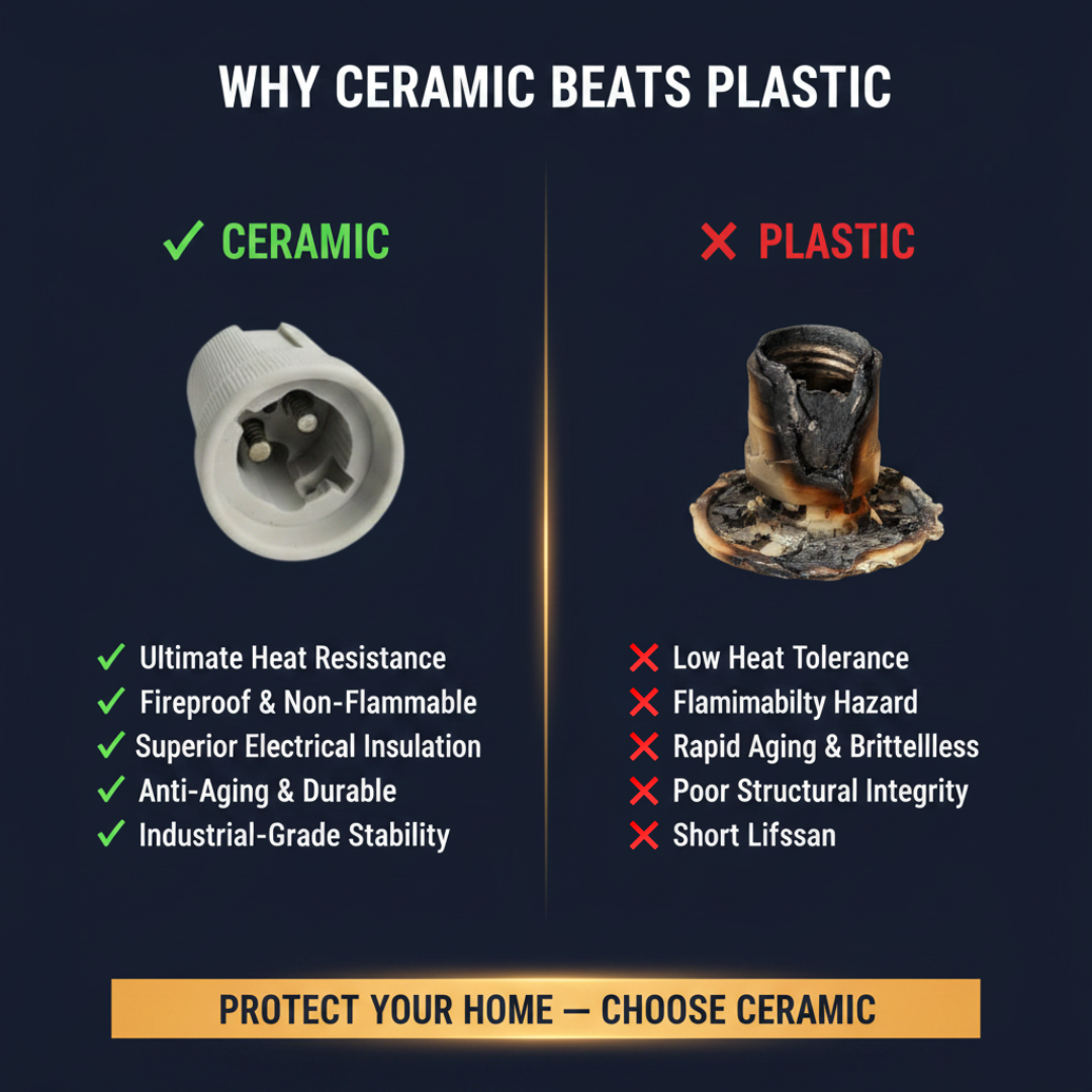 Comparison chart showing the benefits of ceramic over plastic with images and text on a dark background.