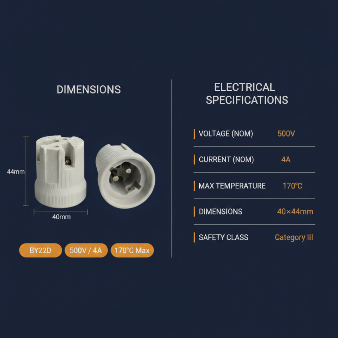 Ceramic B22 BY22D socket dimensions and specifications on a dark background