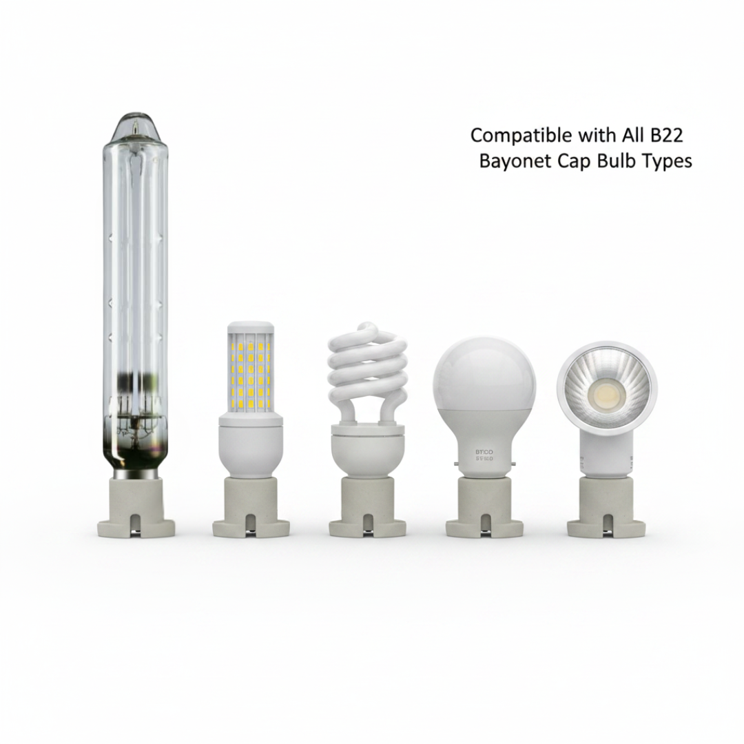 Five different types of light bulbs on a white background with text indicating Glow Object B22 socket compatibility.