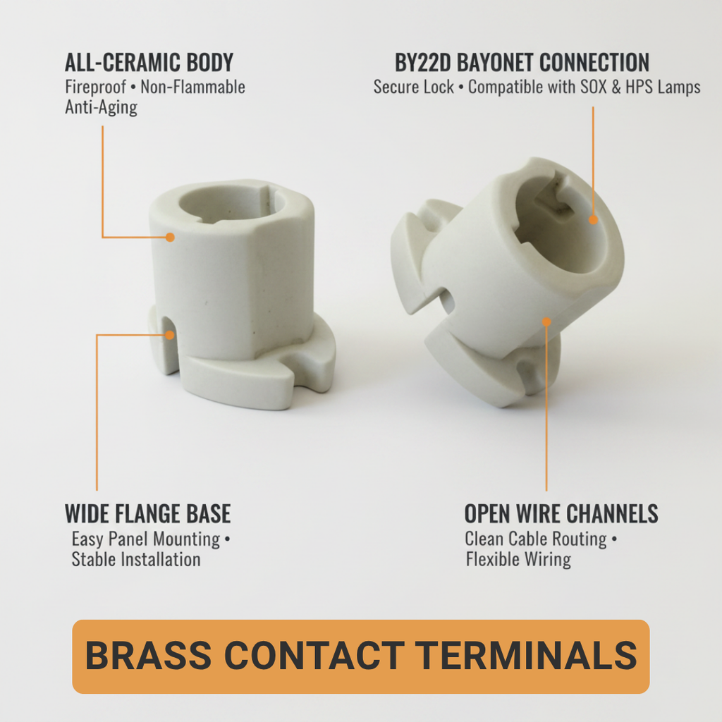 Two ceramic B22 BY22D sockets with features listed on a white background