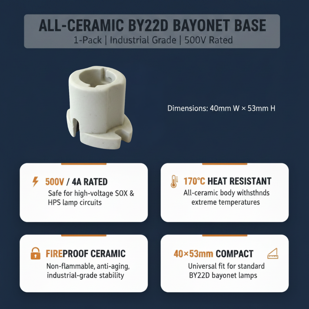 All-ceramic BY22D bayonet base with specifications on a dark blue background