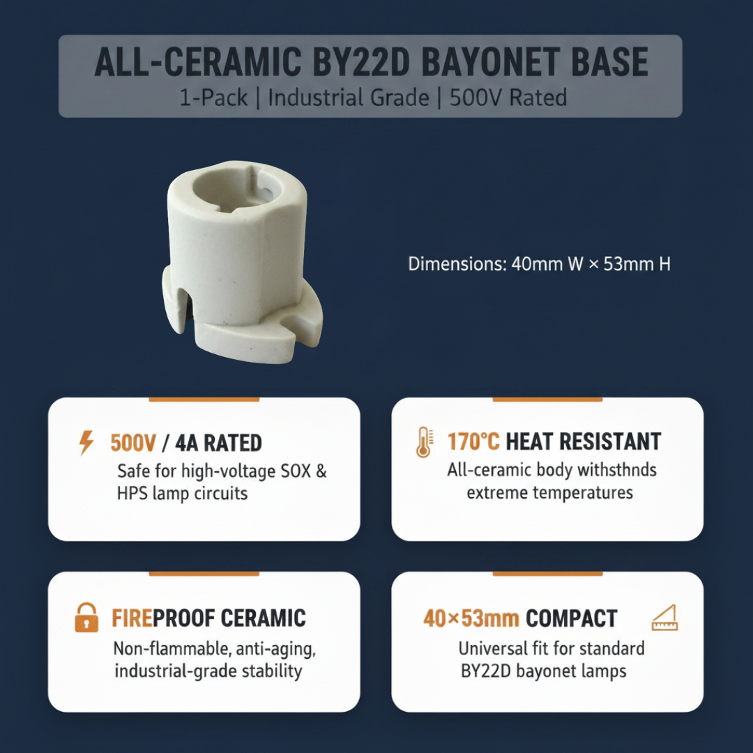 All-ceramic BY22D bayonet base with specifications on a dark blue background