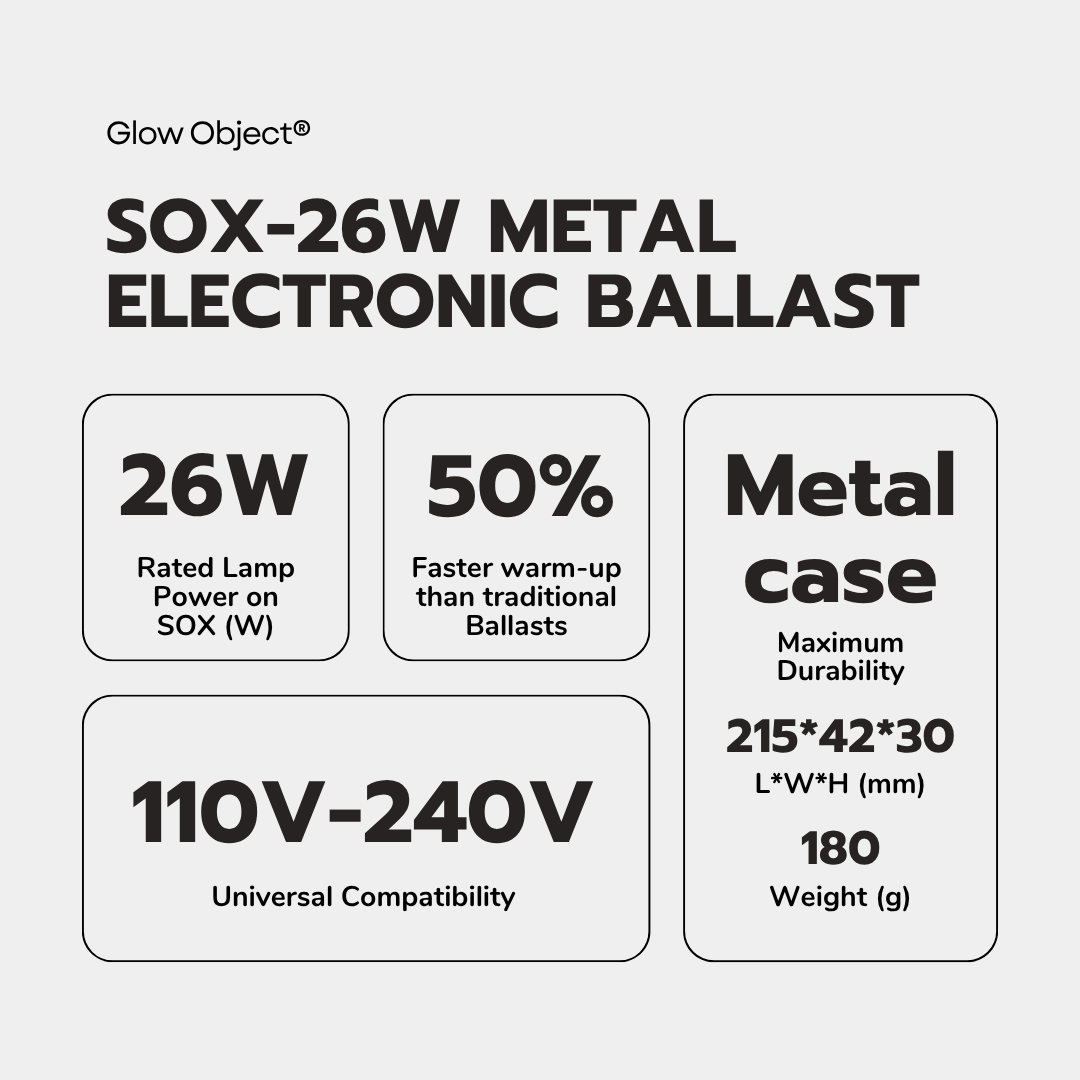 SOX-E26W LPS Electronic Ballast Key Specs – 26W 110-240V Universal Metal Case 5X Faster Warm-Up