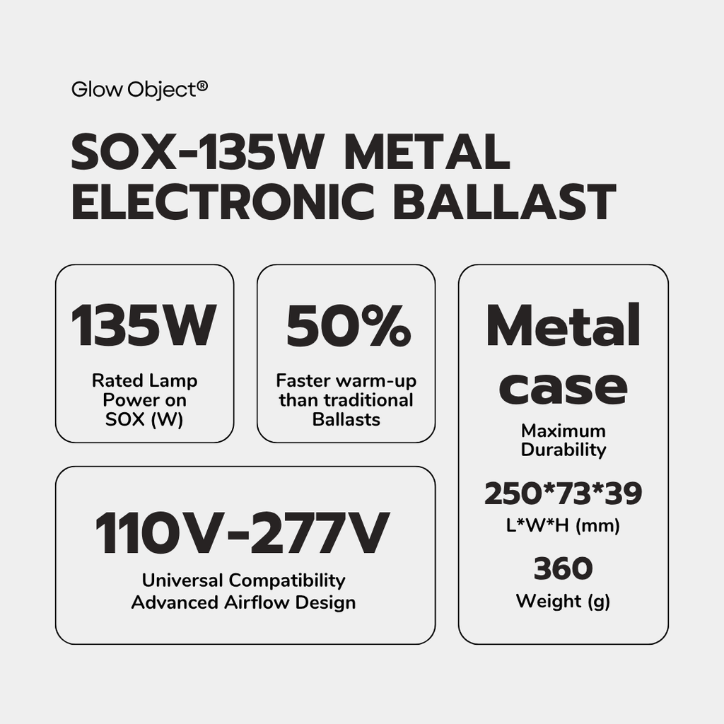 SOX-135W LPS Electronic Ballast Key Specs – 135W 110-277V Universal Metal Case 5X Faster Warm-Up