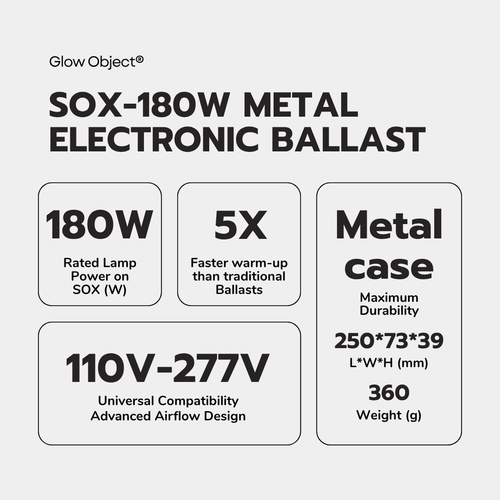 SOX-180W LPS Electronic Ballast Key Specs – 180W 110-277V Universal Metal Case 5X Faster Warm-Up