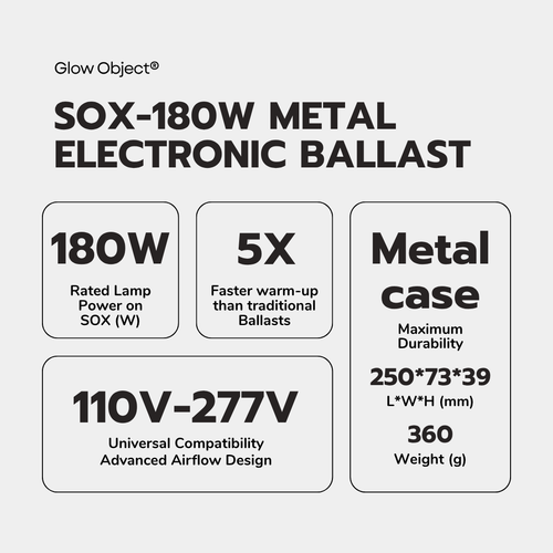 SOX-180W LPS Electronic Ballast Key Specs – 180W 110-277V Universal Metal Case 5X Faster Warm-Up