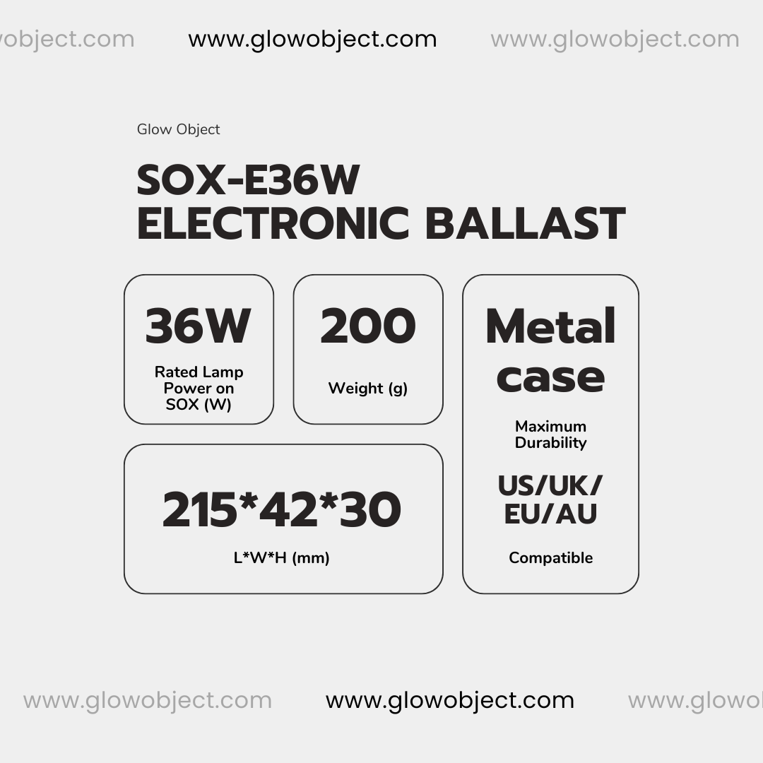 Technical specification card for a SOX-E36W Electronic Ballast by Glow Object, showing rated lamp power 36W, weight 200g, metal case compatibility, and dimensions 215*42*30 mm on a light gray background.