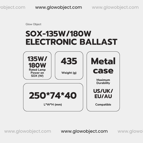 Technical specification sheet for a Glow Object SOX-135W/180W Electronic Ballast, showing rated lamp power, weight, dimensions, and metal case compatibility on a light gray background.