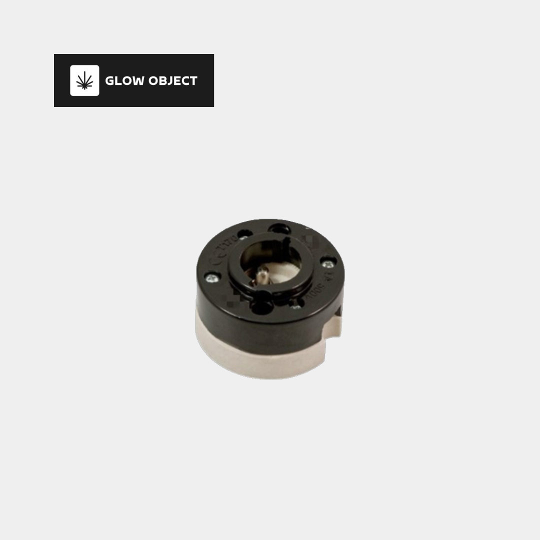 A black ceramic B22 bayonet socket against a white background, with a logo that reads 'GLOW OBJECT' on the top.