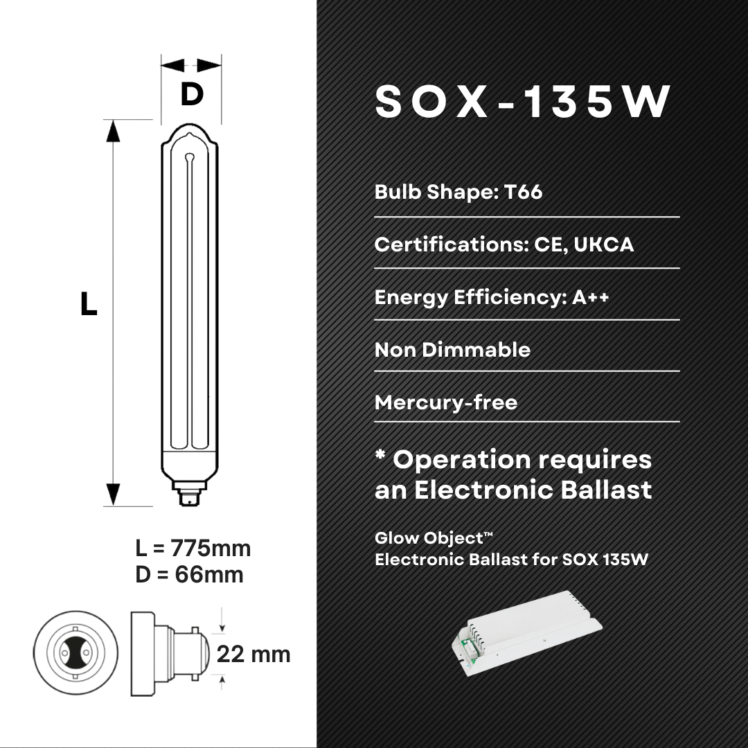 SOX-135W LPS Lamp Technical Specifications – T53 Shape 775mm Length B22 Base CE UKCA Certified