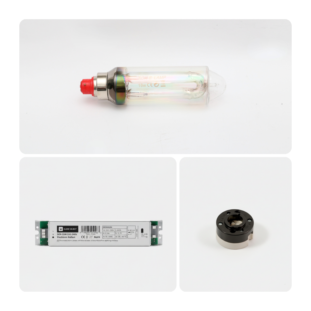 Three electronic components including a Glow Object SOX 18w light bulb, a 18w LPS electronic ballast  and  a B22 ceramic socket on a white background