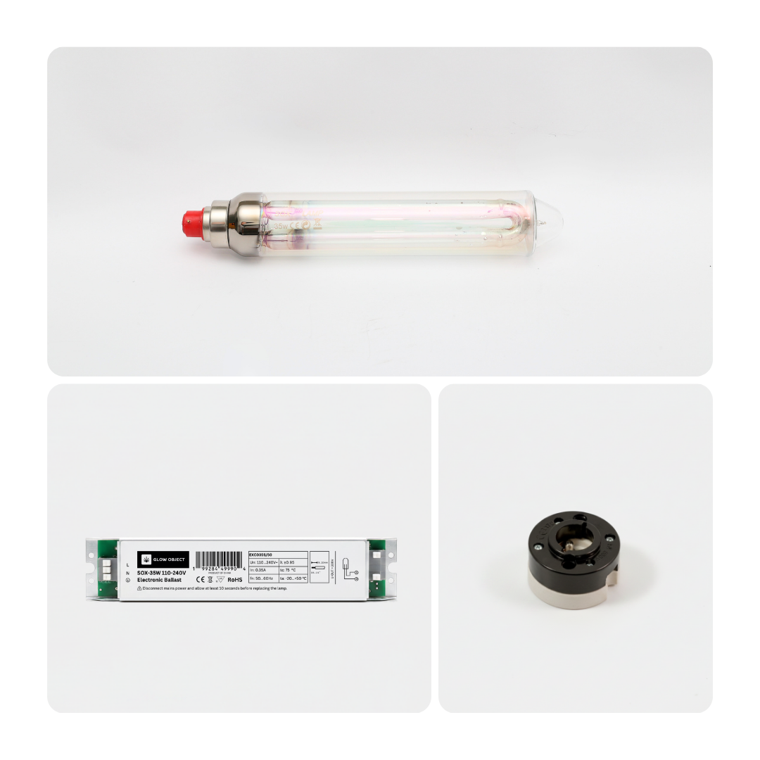 Three electronic components including a Glow Object SOX 35w light bulb, a 35w LPS electronic ballast  and  a B22 ceramic socket on a white background