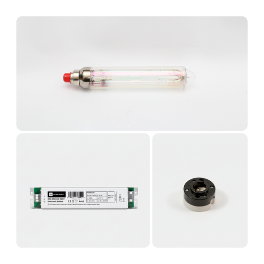 Three electronic components including a Glow Object SOX 35w light bulb, a 35w LPS electronic ballast  and  a B22 ceramic socket on a white background
