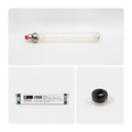 Three electronic components including a Glow Object SOX 55w light bulb, a 55w LPS electronic ballast  and  a B22 ceramic socket on a white background