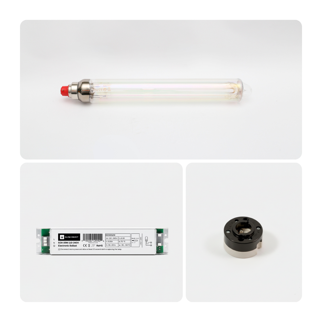 Three electronic components including a Glow Object SOX 55w light bulb, a 55w LPS electronic ballast  and  a B22 ceramic socket on a white background
