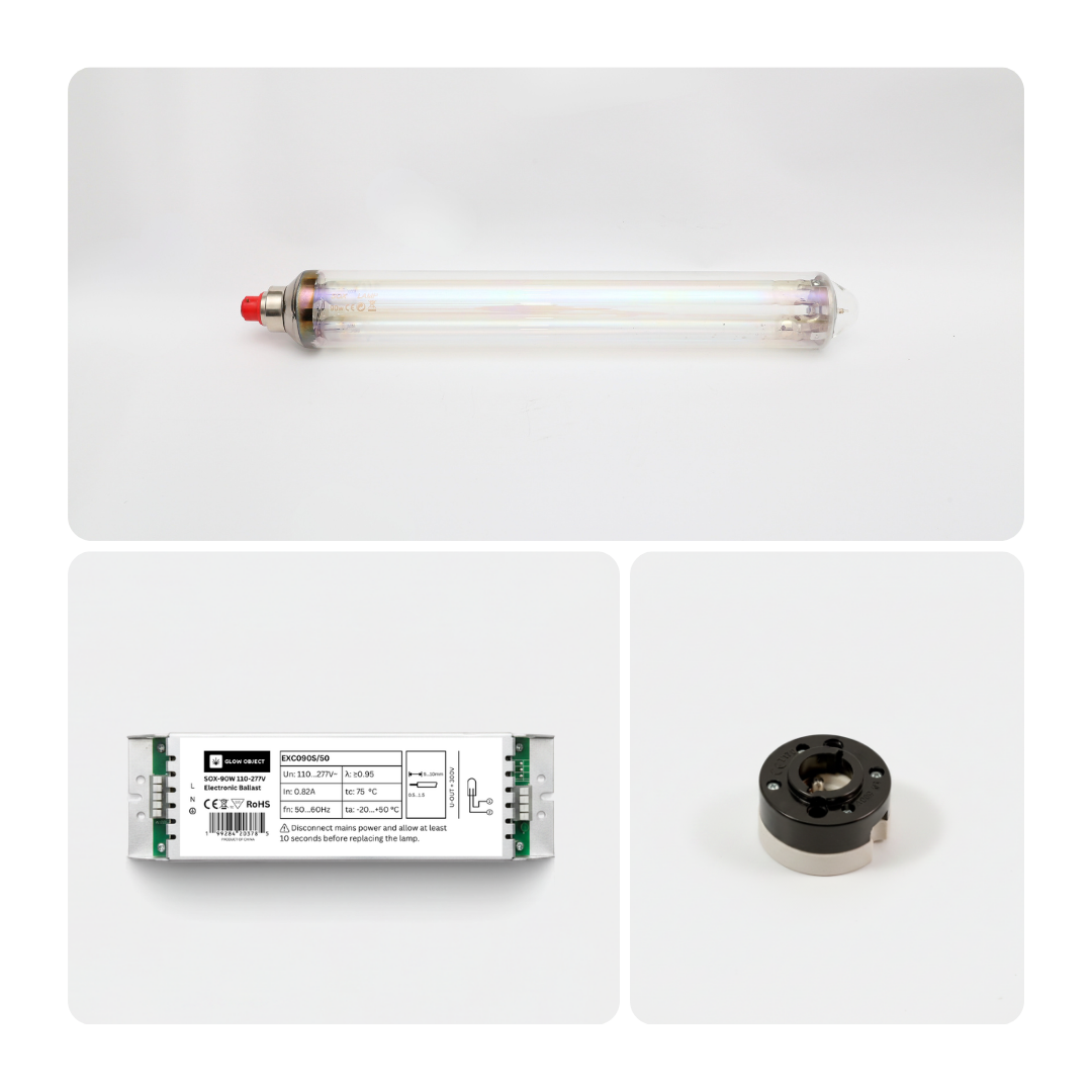 Three electronic components including a Glow Object SOX 90w light bulb, a 90w LPS electronic ballast  and  a B22 ceramic socket on a white background