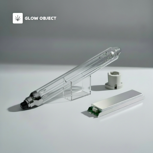 Clear grow light on a stand with 'Glow Object' branding on a gray background