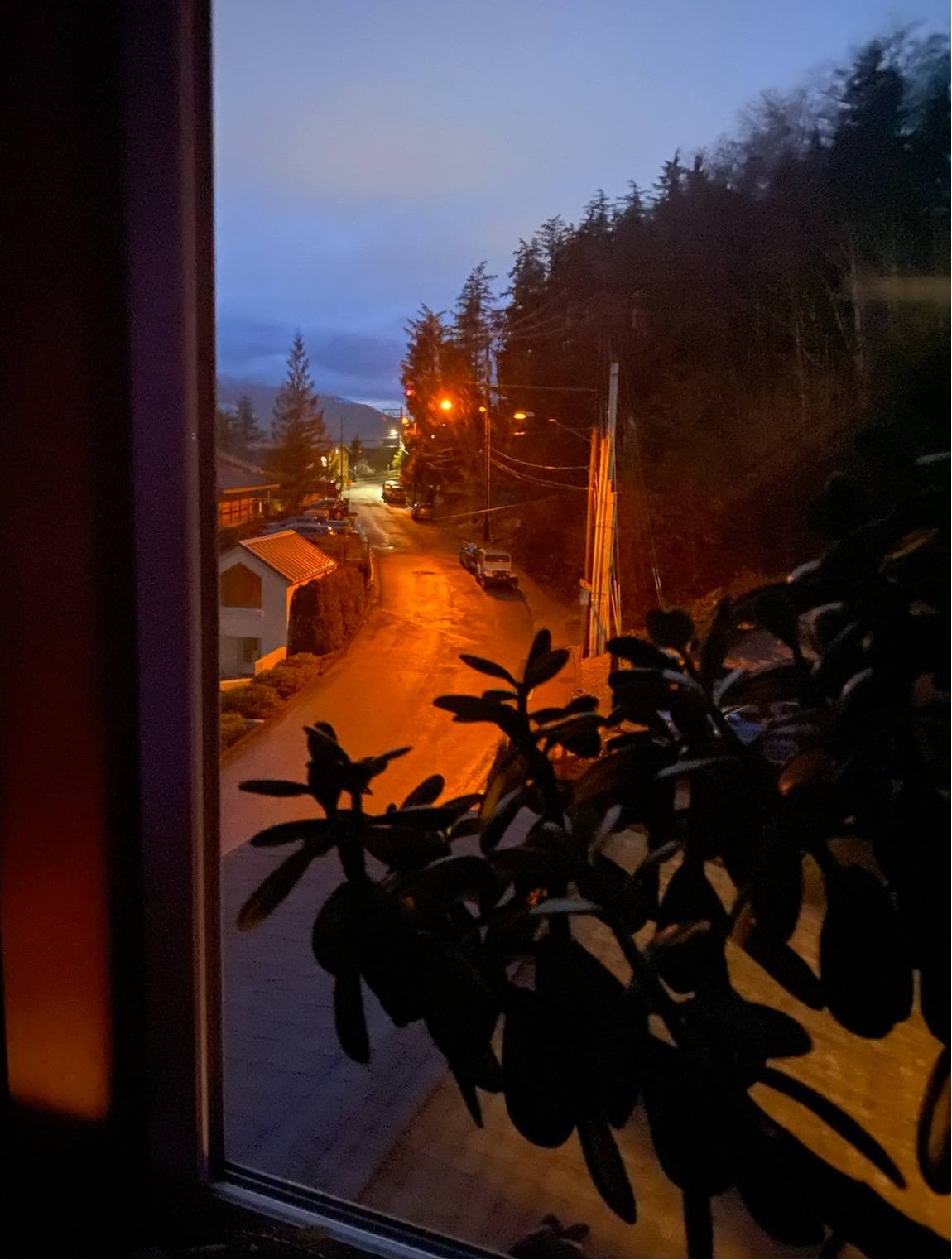 A real-world municipal street lighting installation by Glow Object in Ketchikan, Alaska, featuring true 589nm low pressure sodium (LPS/SOX) technology with a soft amber monochromatic glow and virtually no blue light emission. This dark-sky-friendly lighting solution demonstrates reduced glare, lower reflected brightness on snow, decreased skyglow, and a calmer nighttime environment while maintaining roadway visibility and residential visual comfort in winter conditions.
