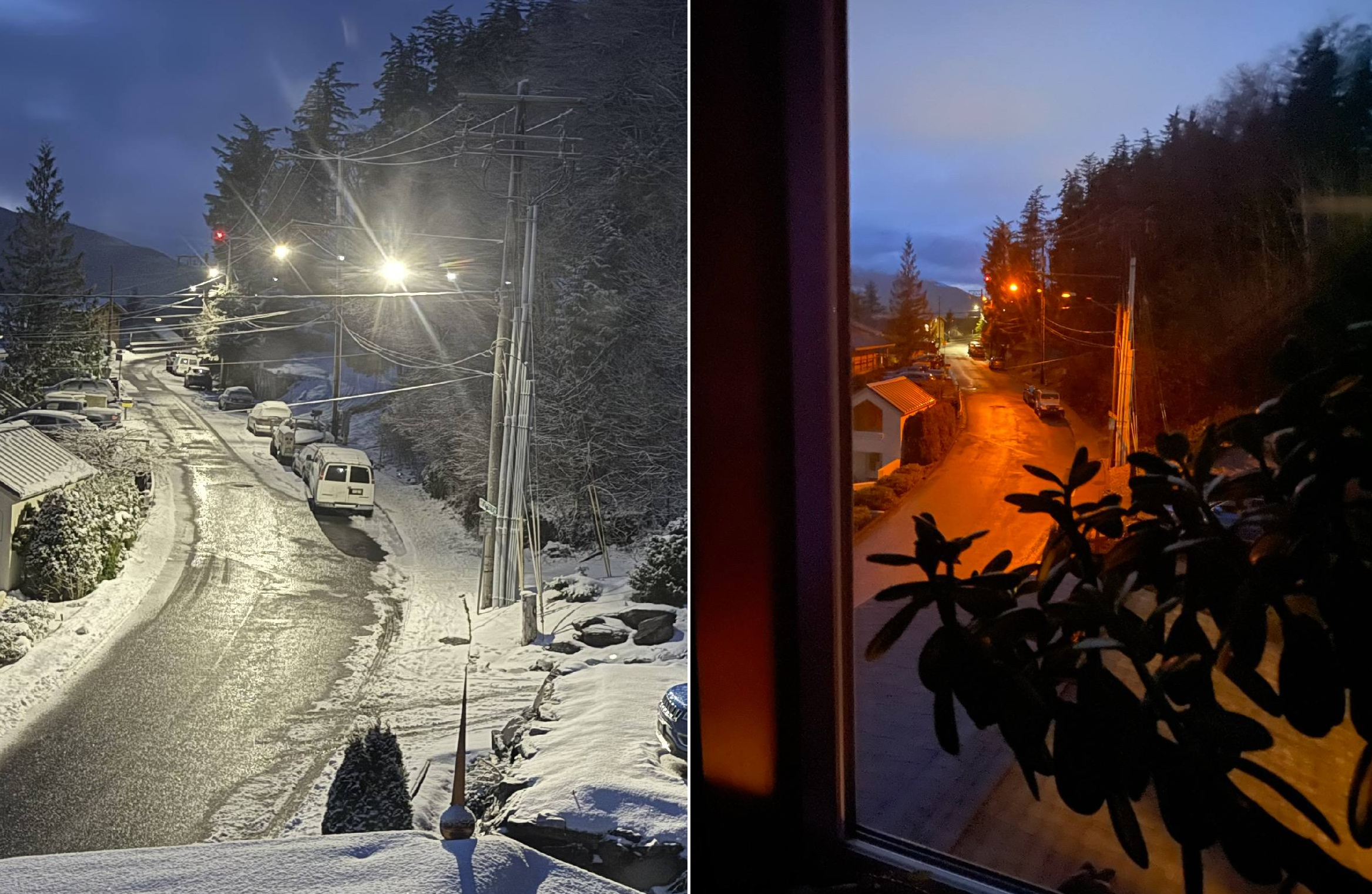 Before-and-after comparison of municipal street lighting in Ketchikan, Alaska: left shows cold blue-white LED street lights on a snowy road; right shows the same street replaced with warm amber Low Pressure Sodium (LPS) lighting, dramatically reducing light pollution and glare.