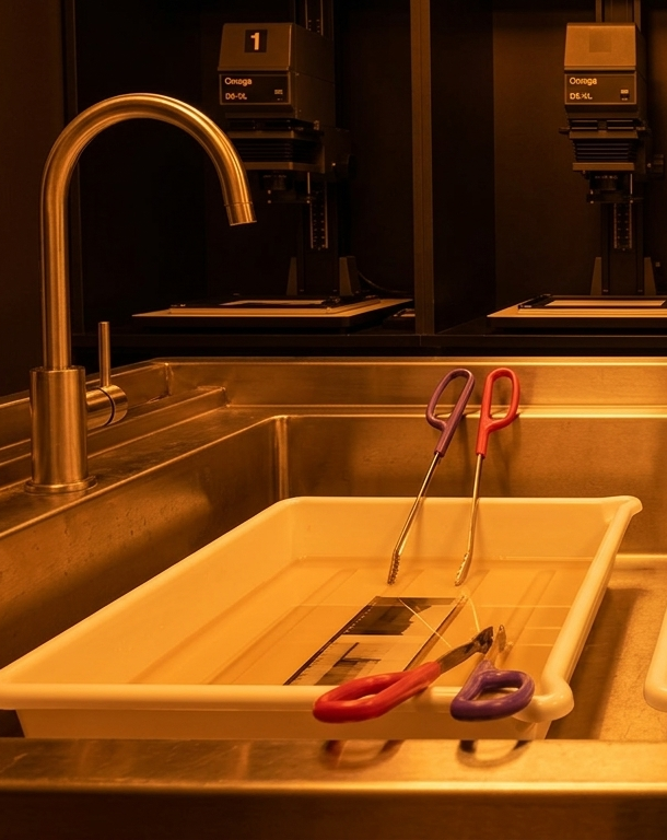 A detailed close-up view of the wet-side processing sink in a professional photograph darkroom, illuminated by a single monochromatic sodium-vapor (LPS) safelight (GLOW OBJECT Experiential 589nm). The sink contains three plastic trays with B&W prints (Kodak D76 developer visible). Multiple sets of colored-handle tongs are clearly propped up. In the numbered background bays (1, 3, 4), four Omega D5-XL enlargers are visible, demonstrating a technical working environment with precise chemistry.