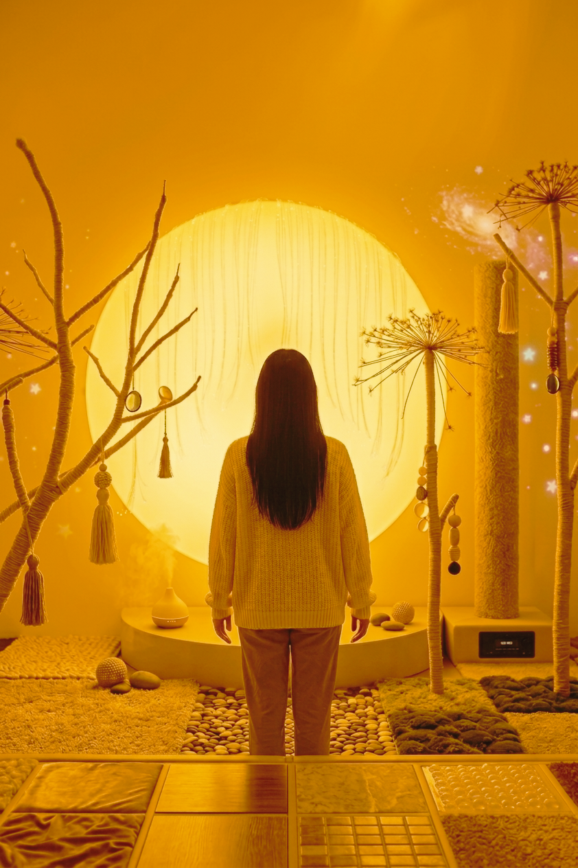 A sensory wellness room illuminated entirely by true 589nm low pressure sodium (LPS) lighting, producing a zero-blue-light monochromatic amber environment that removes green and blue visual stimuli. The low-blue-spectrum lighting is commonly used for circadian-conscious spaces, neurological relaxation, sensory regulation, migraine-sensitive environments, and low-stimulation wellness applications designed to reduce visual harshness and support nighttime comfort.
