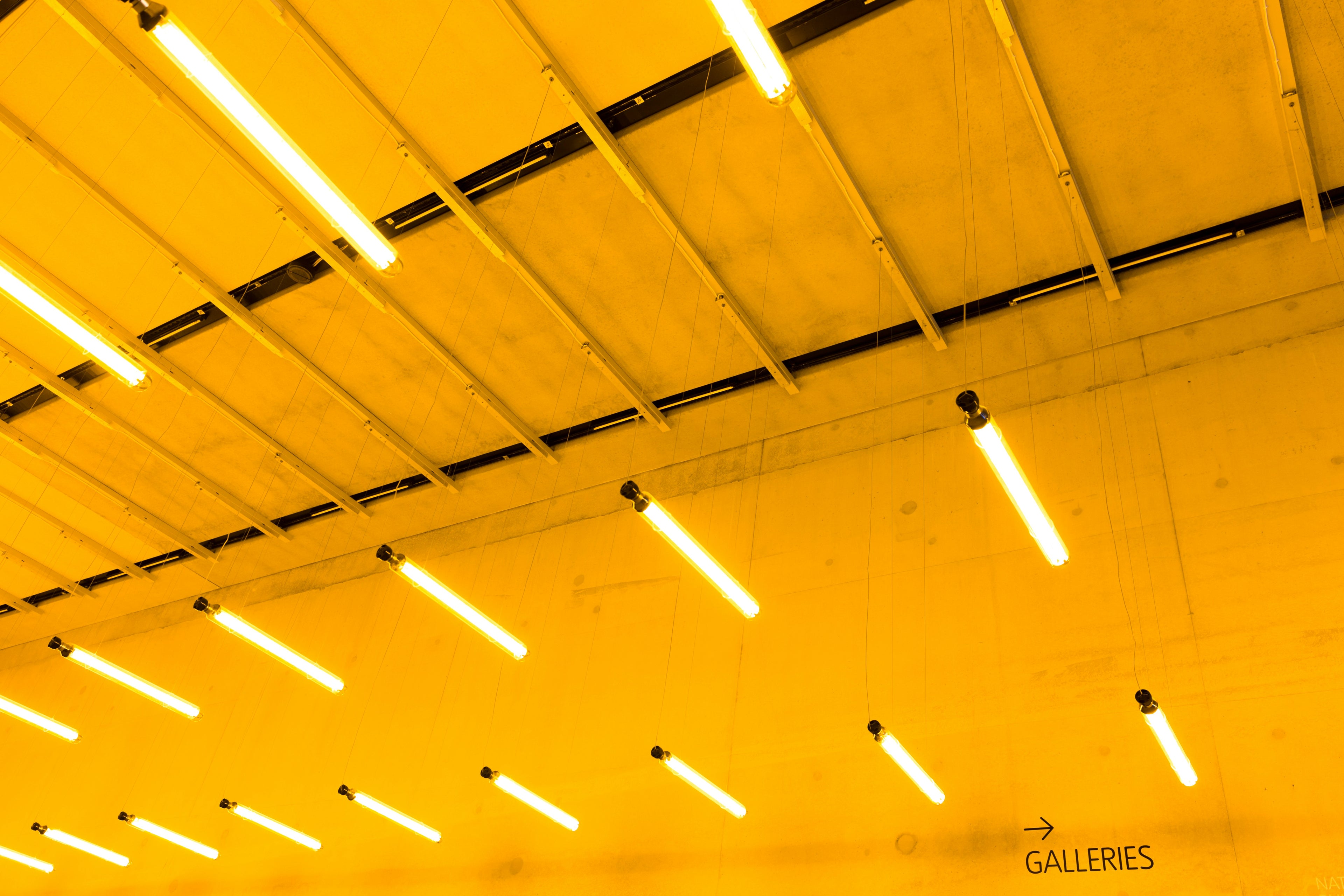 SOX Low Pressure Sodium LPS Lamps in Art Gallery Ceiling Installation – Monochromatic Amber 589nm Light
